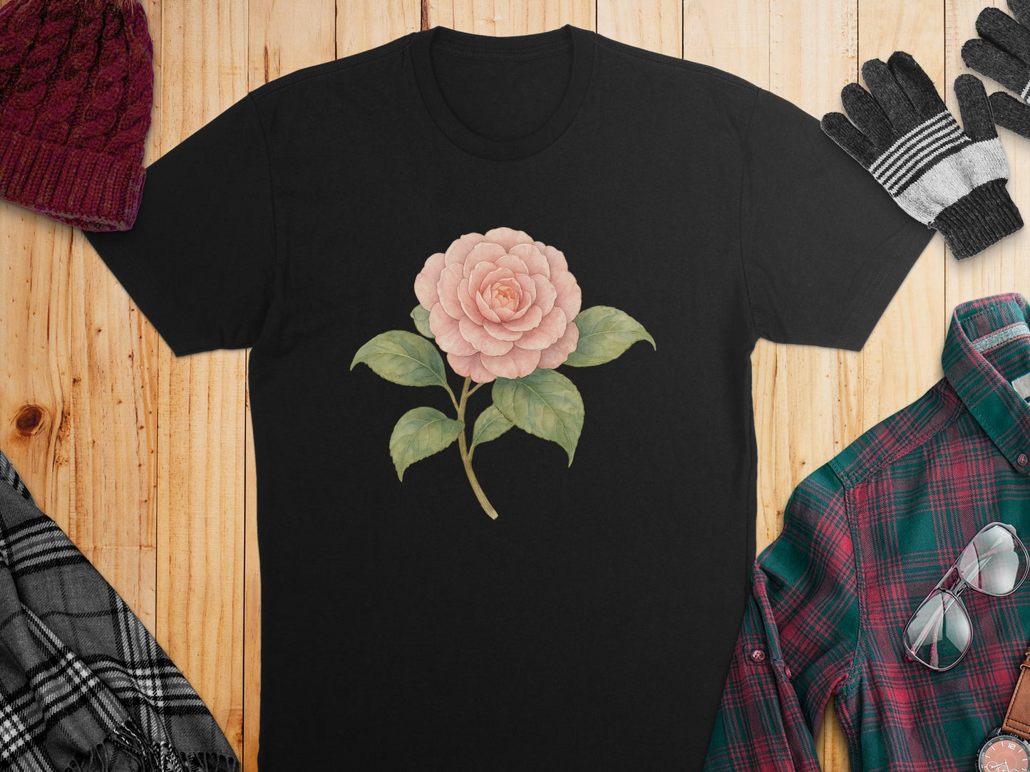 Black T-shirt with Pink Flower Design apparel product