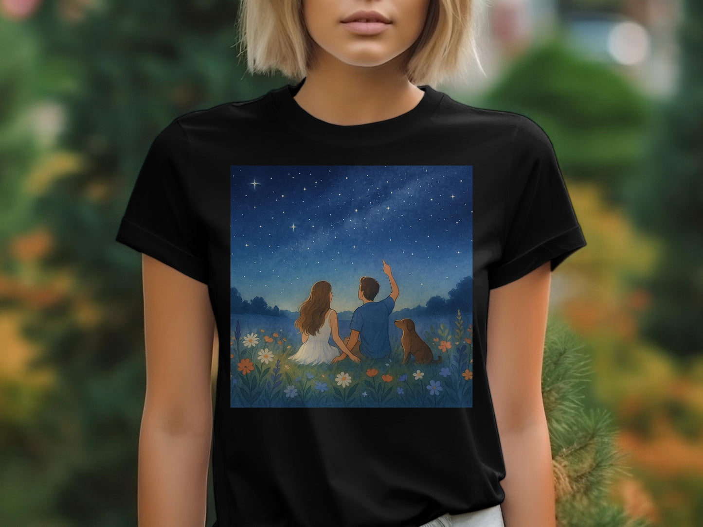 Stargazing Couple and Dog Scene on T-shirt product