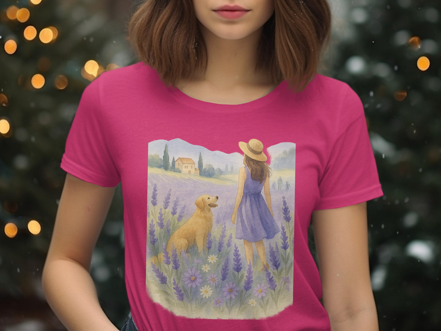 Woman with Dog in Lavender Field Graphic T-Shirt product