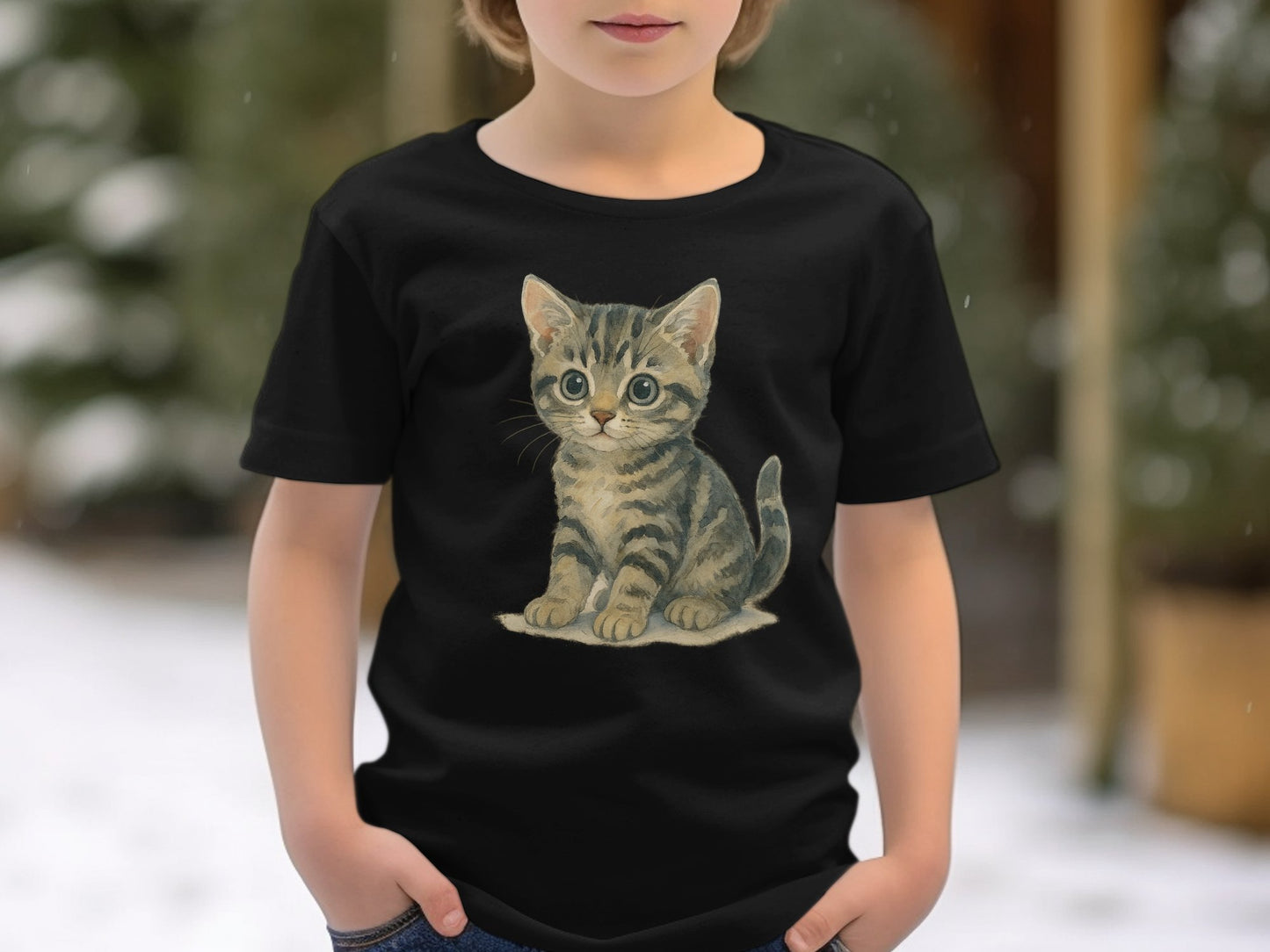 Cute Kitten Print on Black T-shirt for Kids product type