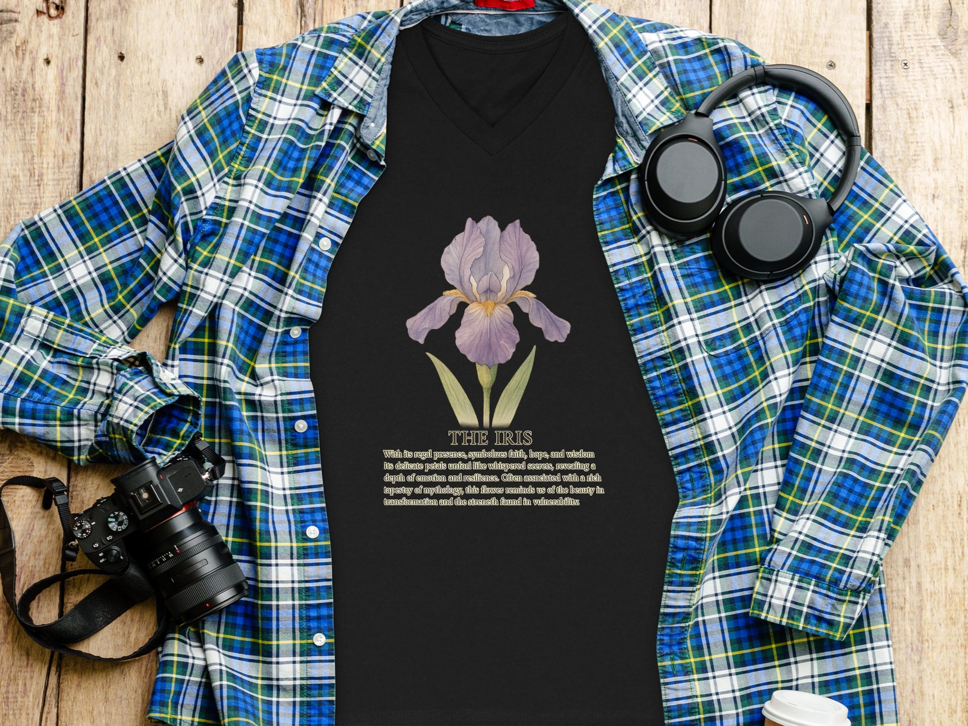 Iris Flower Art on Stylish Black T-Shirt product