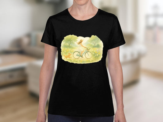 Woman Riding Bicycle with Dog on Black Shirt product