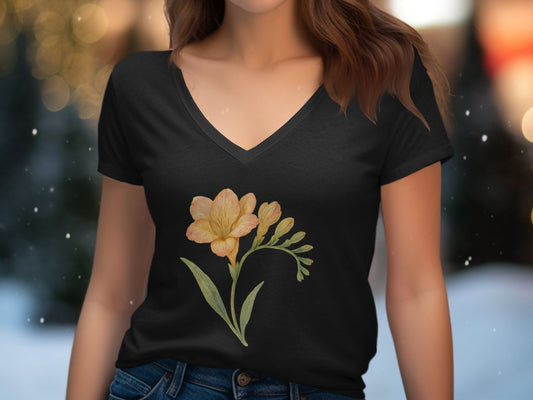 Floral Print V Neck Black Tee Shirt Casual product