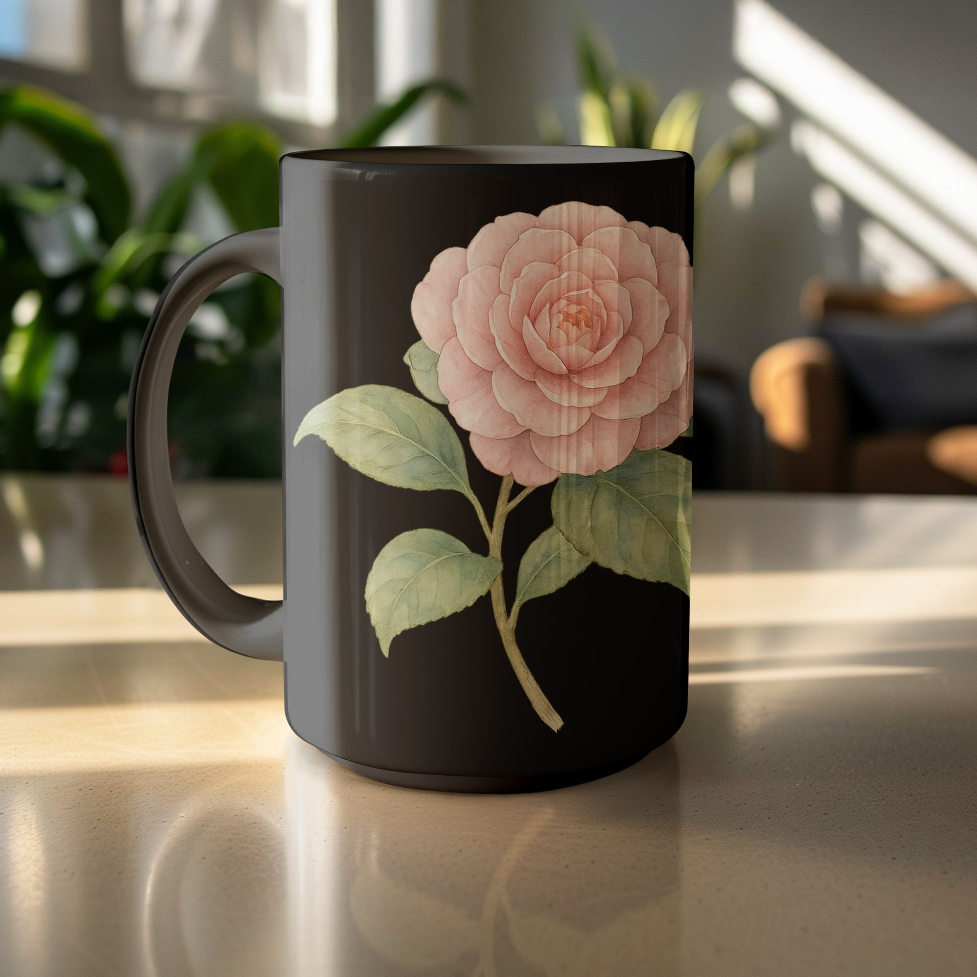 Elegant Black Mug with Pink Flower Design product type