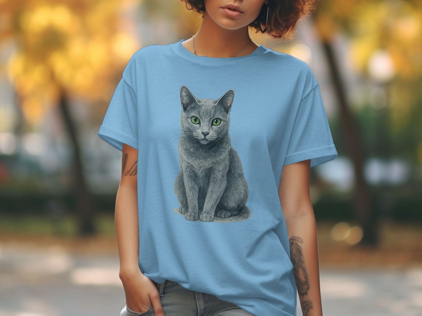 Artistic Cat Design on Casual Blue T-Shirt product type