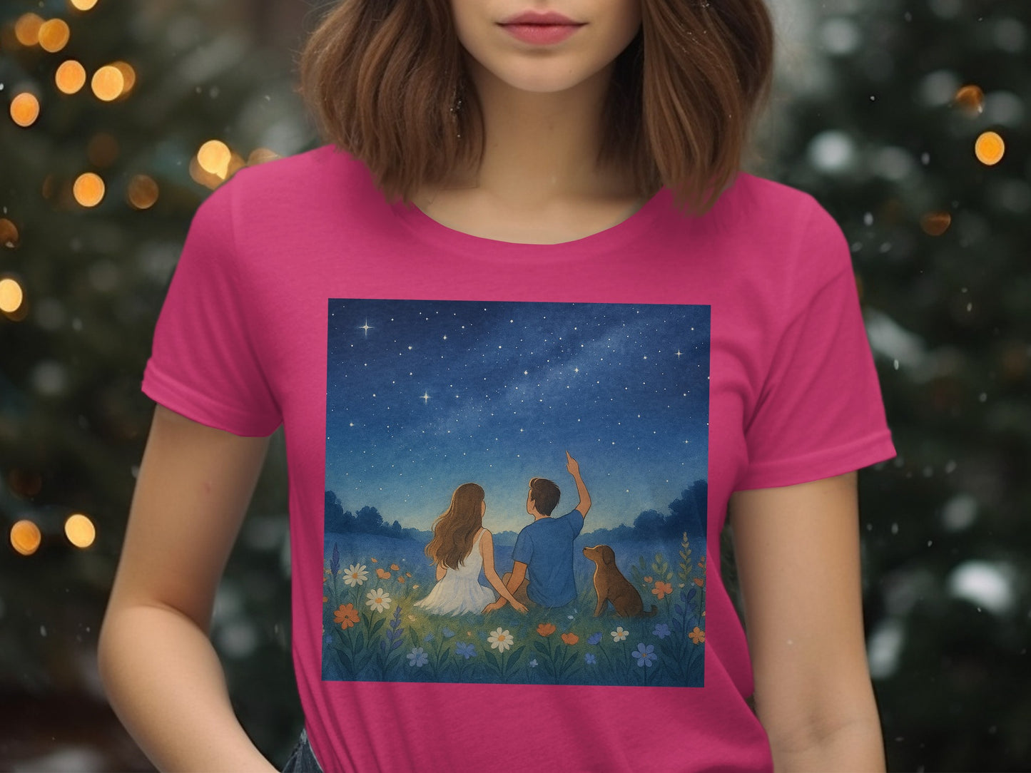 Stargazing Couple and Dog Under the Stars product