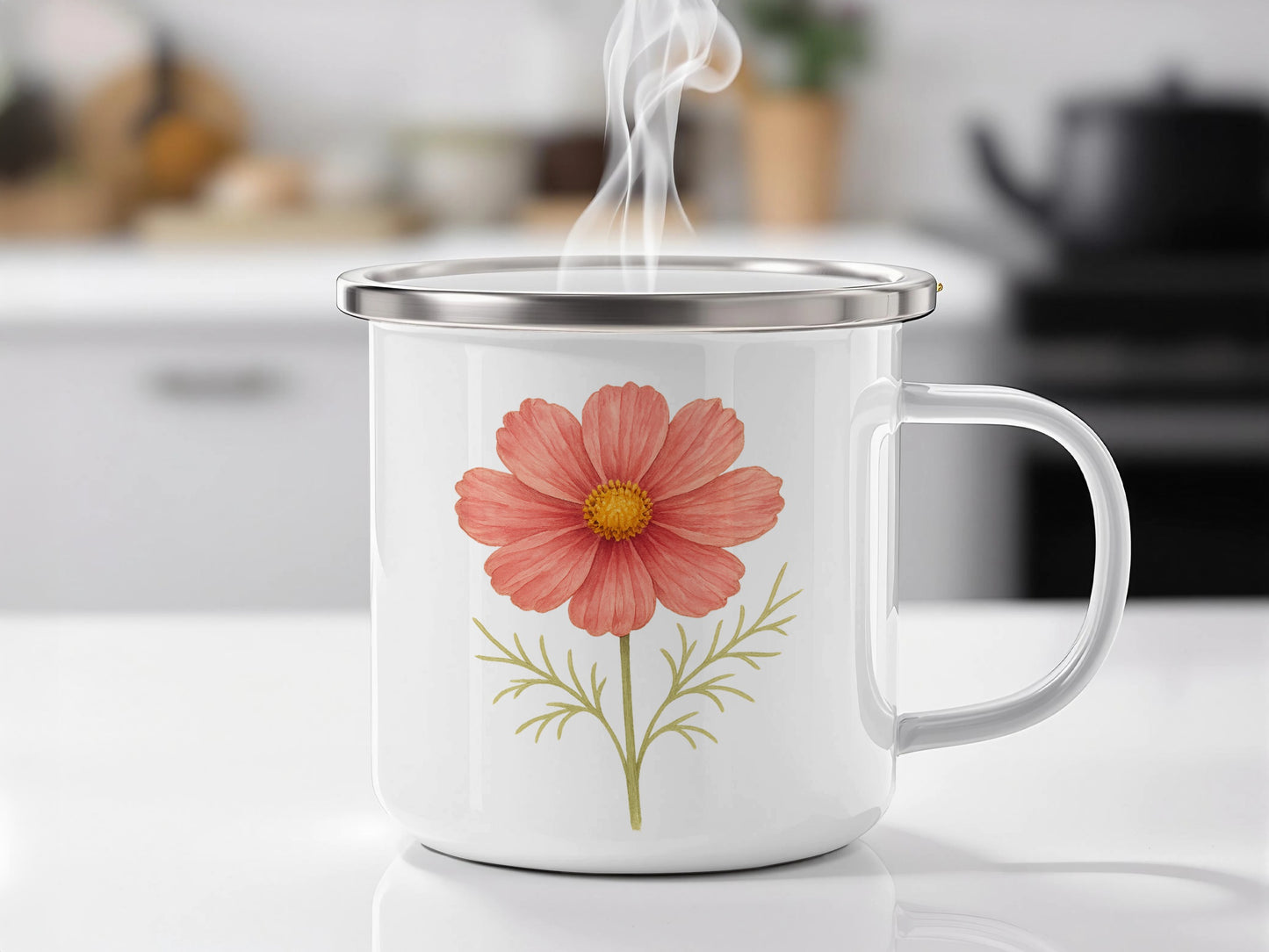 Floral Design White Mug Steaming Hot Beverage Product Type