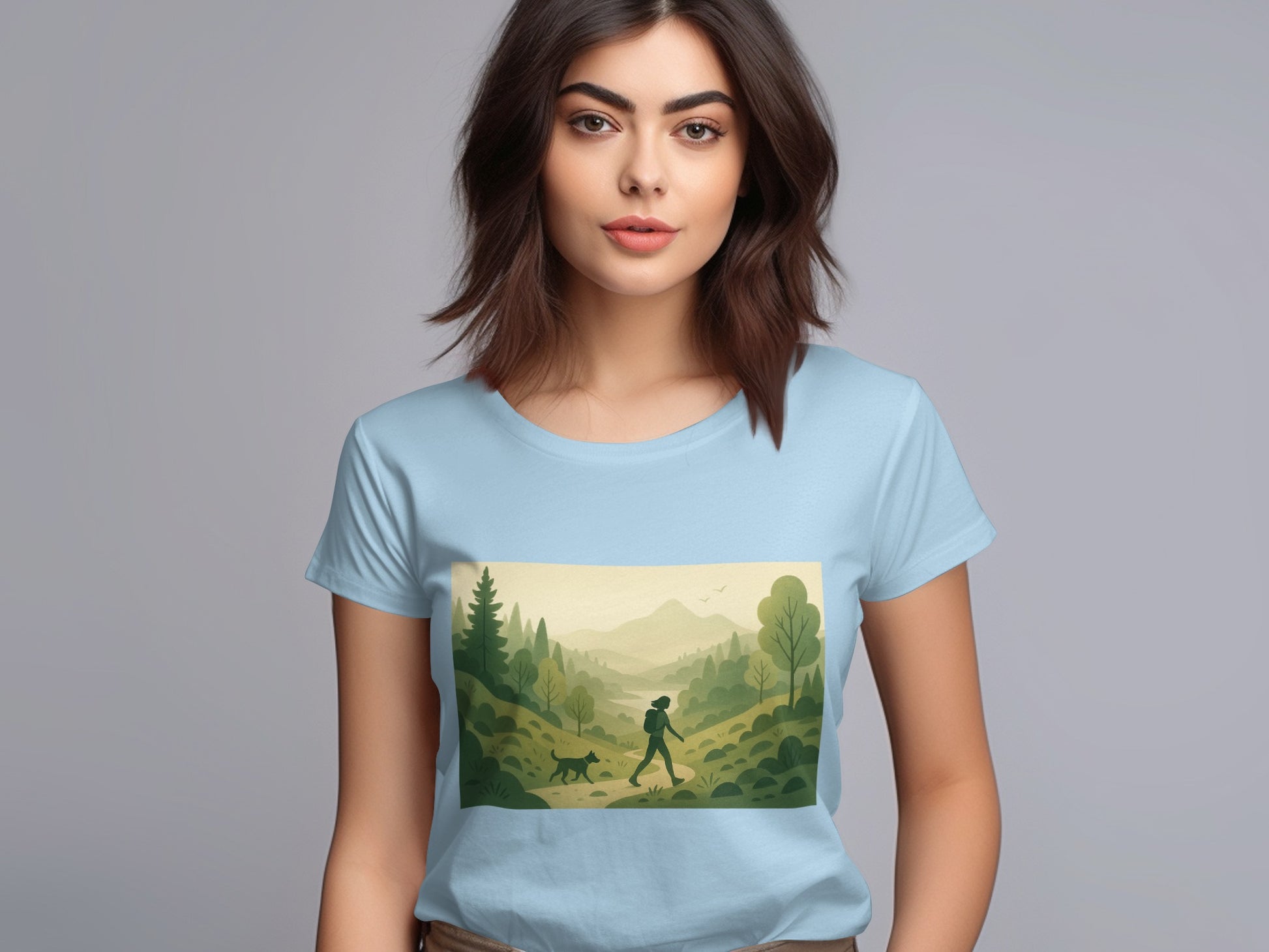 Hiking Scene with Woman and Dog on Blue Shirt product type