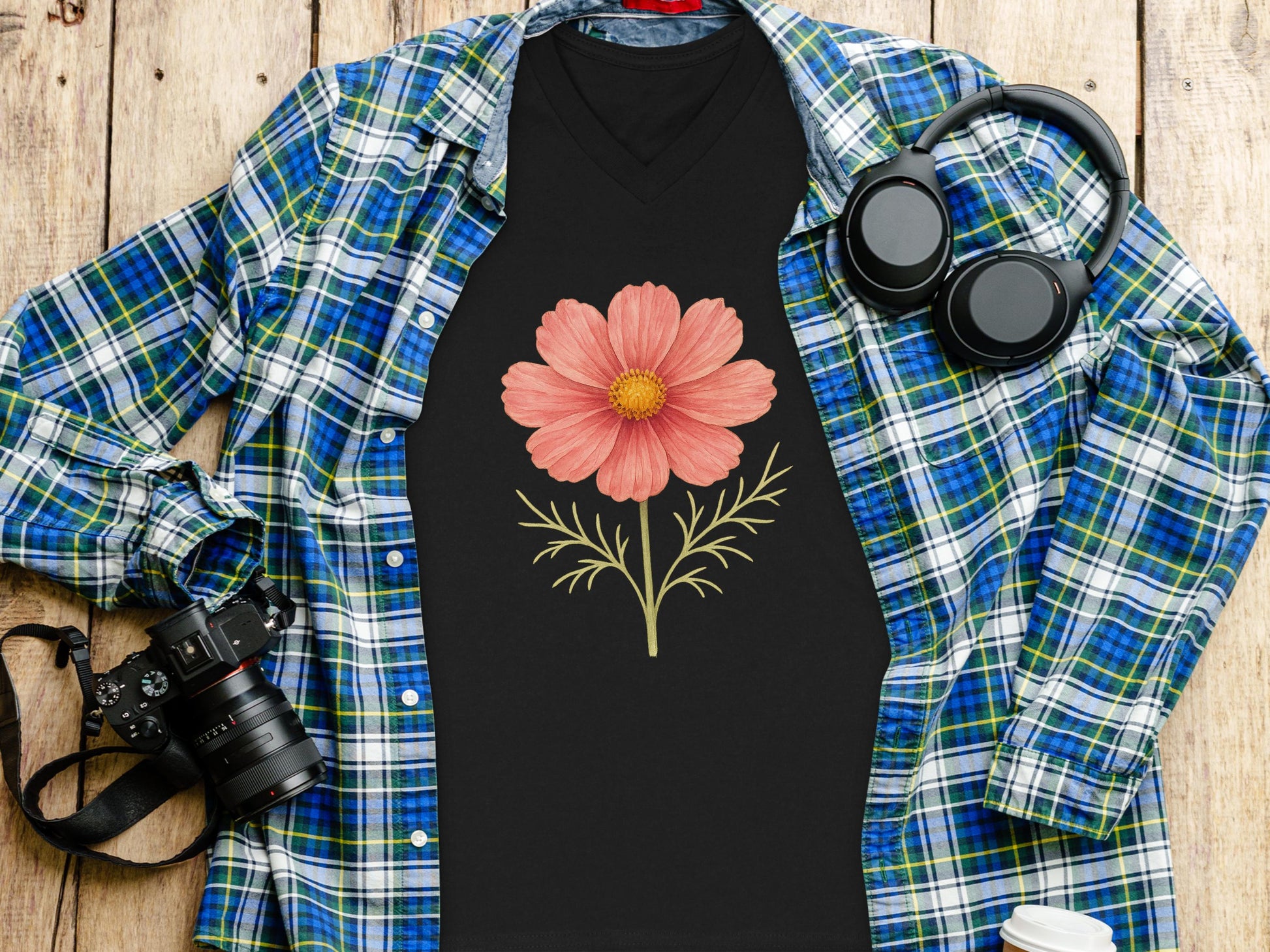 Stylish Floral Design Black V-Neck T-Shirt product type