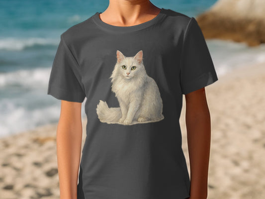 Cute White Cat Print on Charcoal Grey T-Shirt product