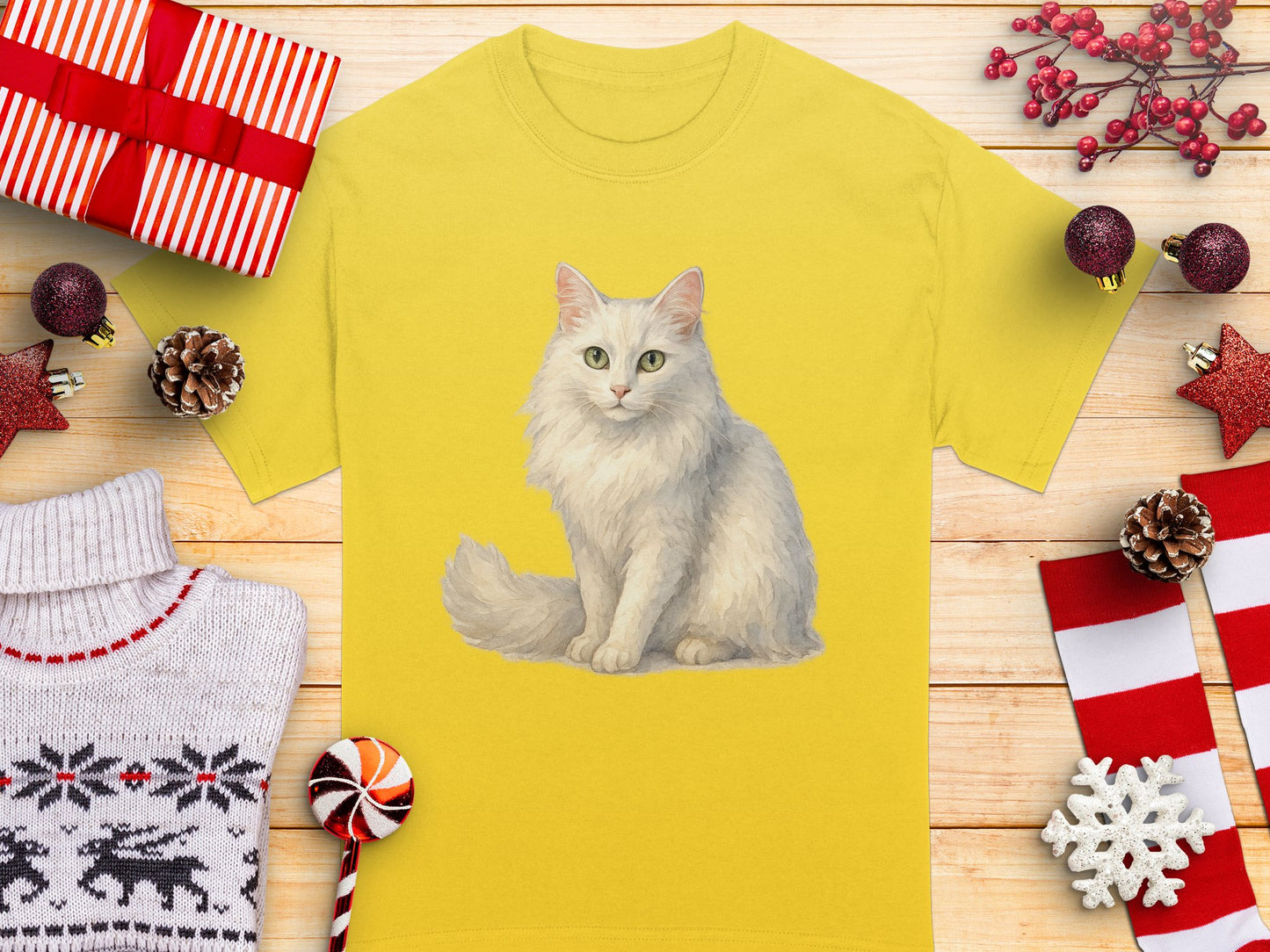 White Fluffy Cat Graphic Shirt for Holiday Apparel product type