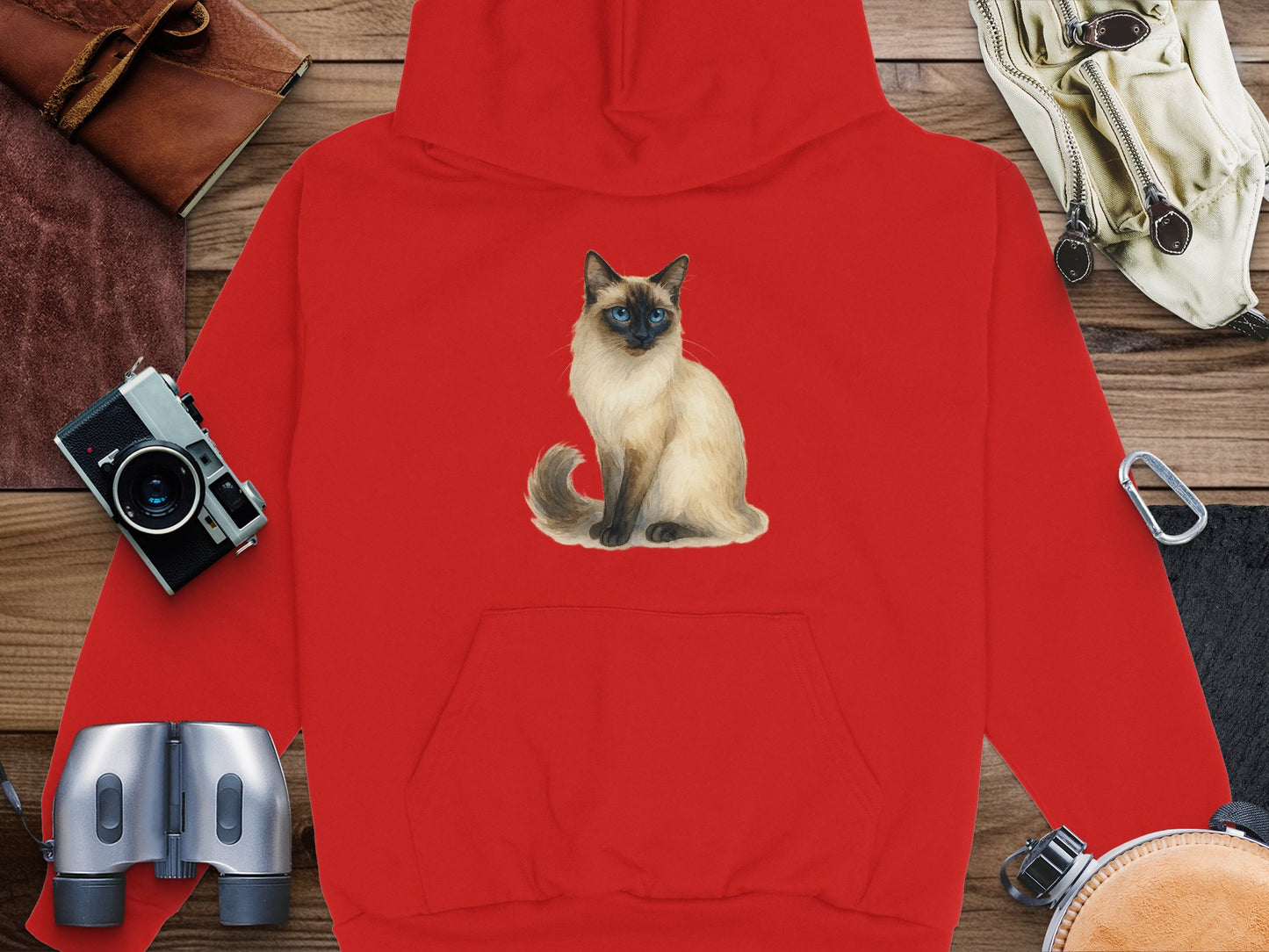 Red Hoodie with Sitting Siamese Cat Print product