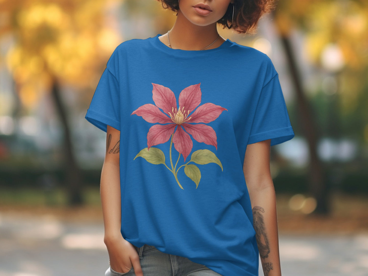 Vibrant Red Flower Graphic on Blue Casual T-Shirt product