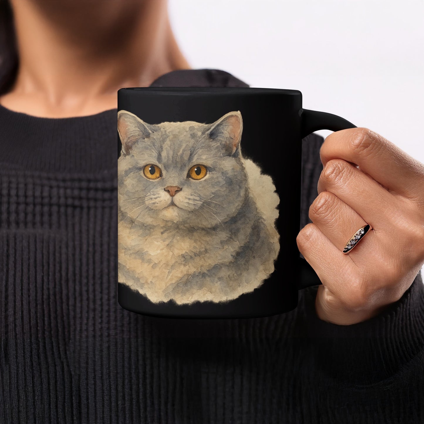 Adorable Cat Portrait Artwork on Black Mug product
