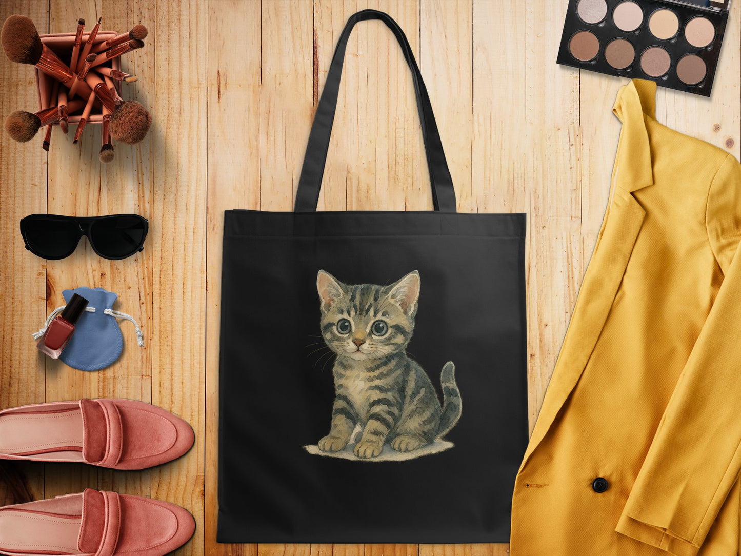 Adorable Kitten Print Black Tote Bag Fashion Product