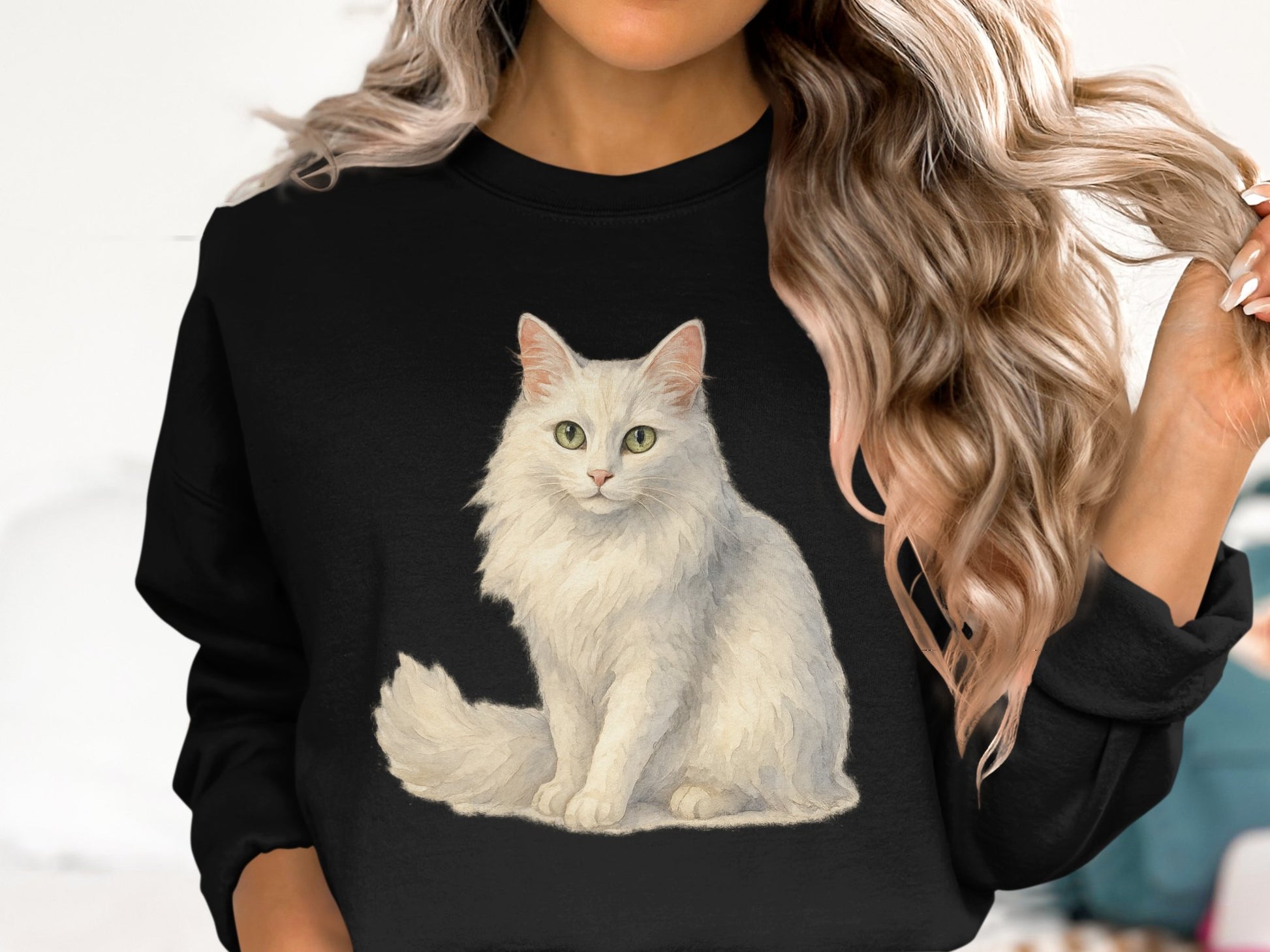 White Fluffy Cat Print Women's Long Sleeve Sweatshirt product type