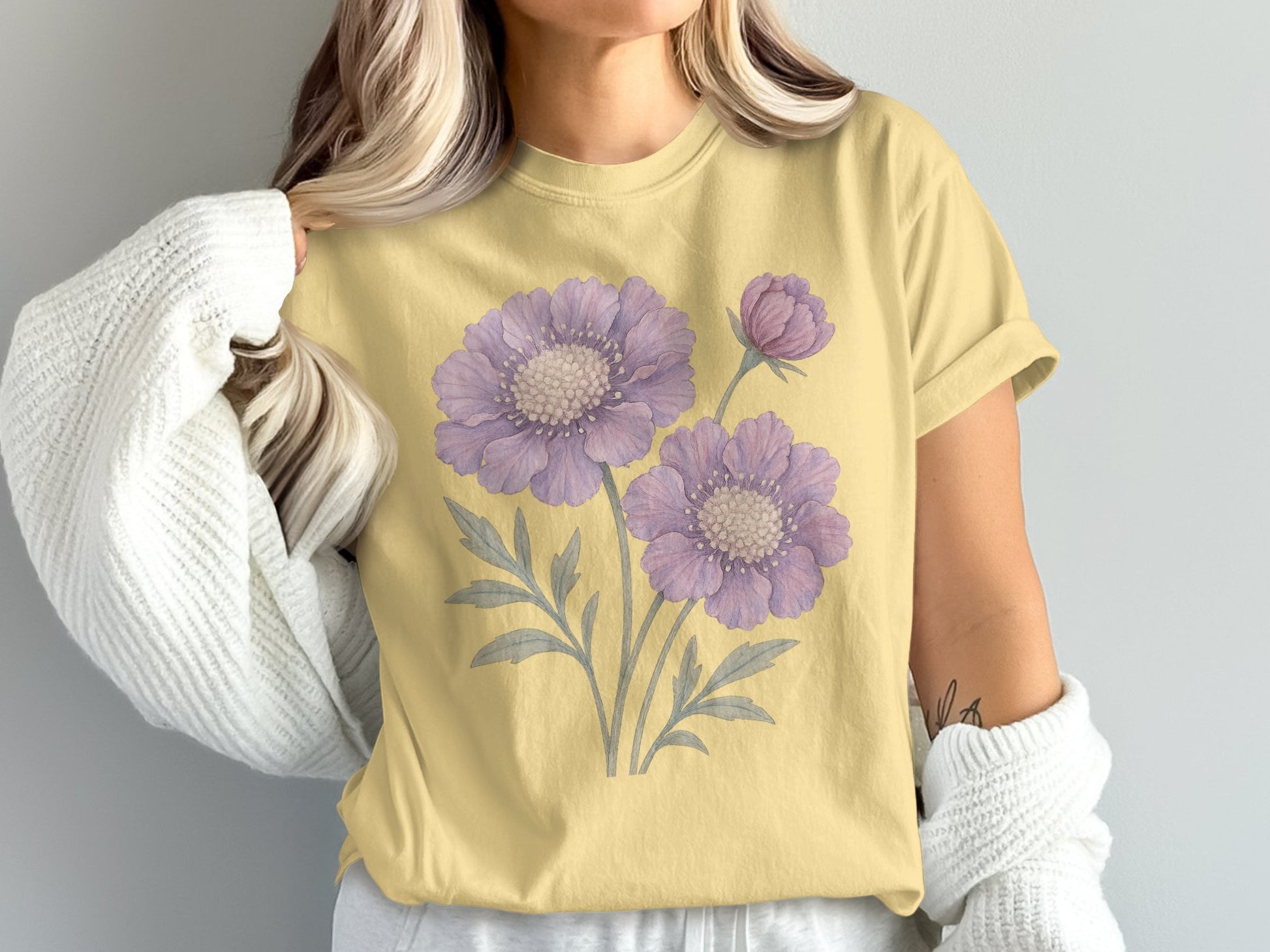 Pastel Yellow T-Shirt with Purple Floral Design product