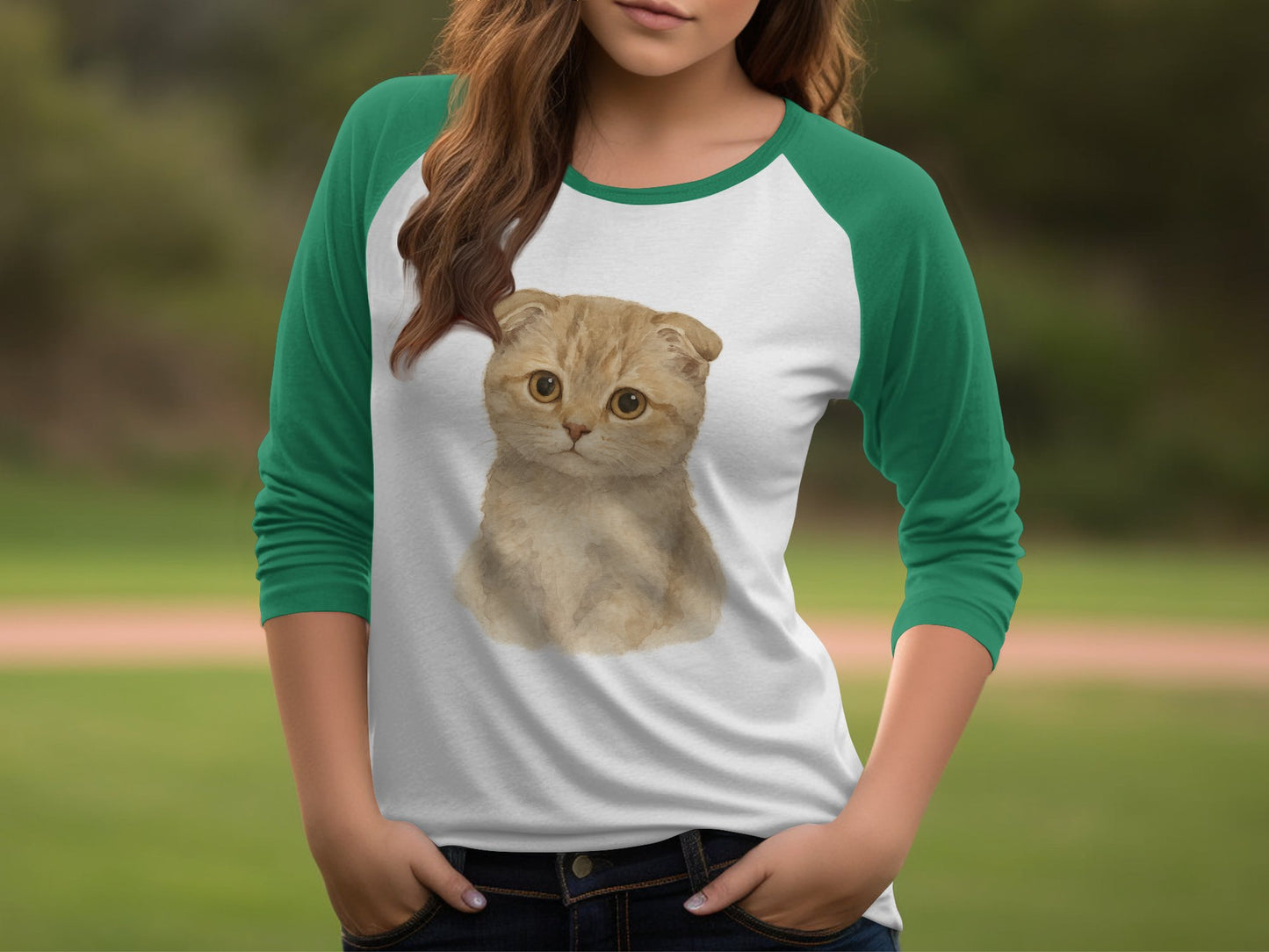 Adorable Cat Design Green and White Shirt product