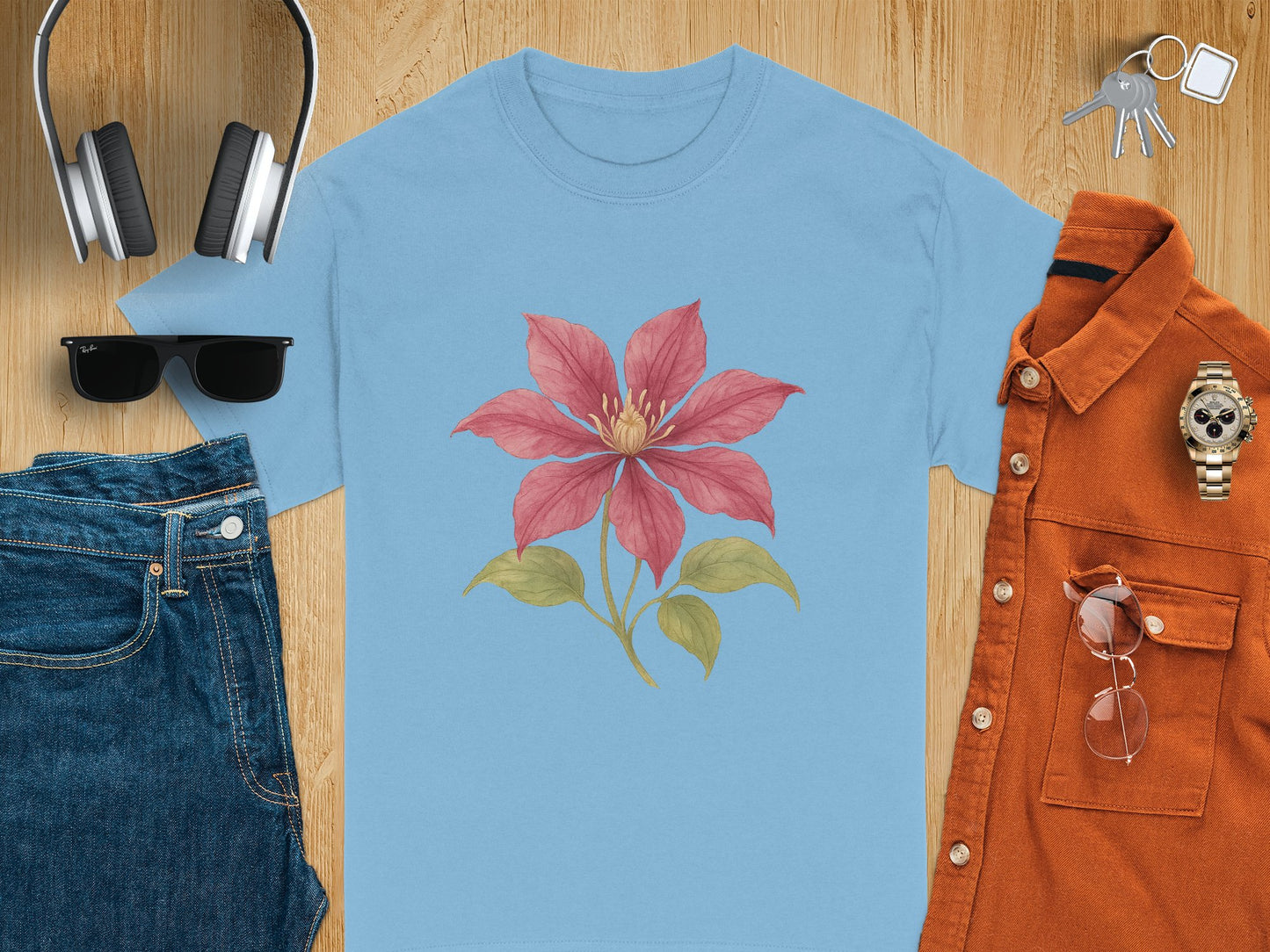 Light Blue T-shirt with Pink Painted Flower Design product type