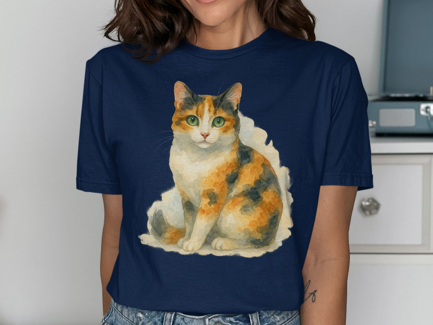 Calico Cat Print Blue Short Sleeve T-shirt product