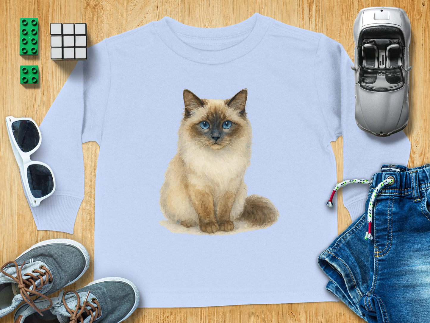 Cute Blue Eyed Cat Illustration on Kids Long Sleeve Shirt product