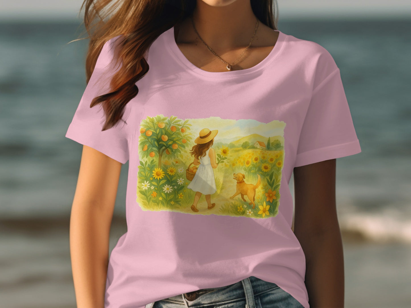 Woman Walking Through Sunflower Field T-shirt product type