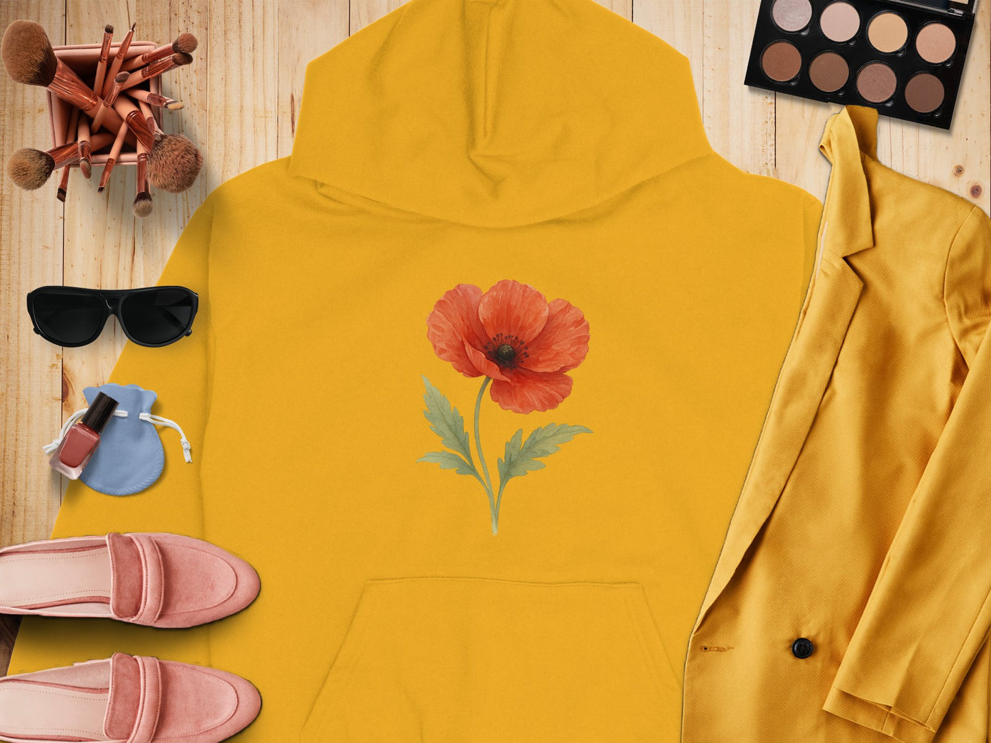 Yellow Hoodie with Bold Red Poppy Graphic Hoodie product type