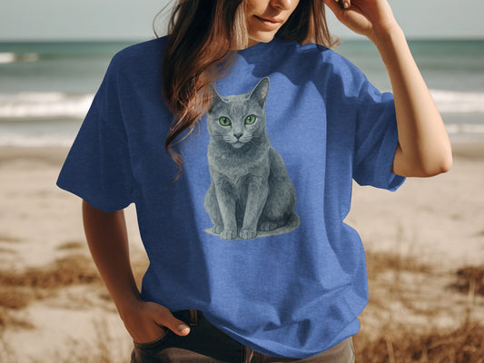 Blue T-Shirt with Cute Gray Cat Illustration product type