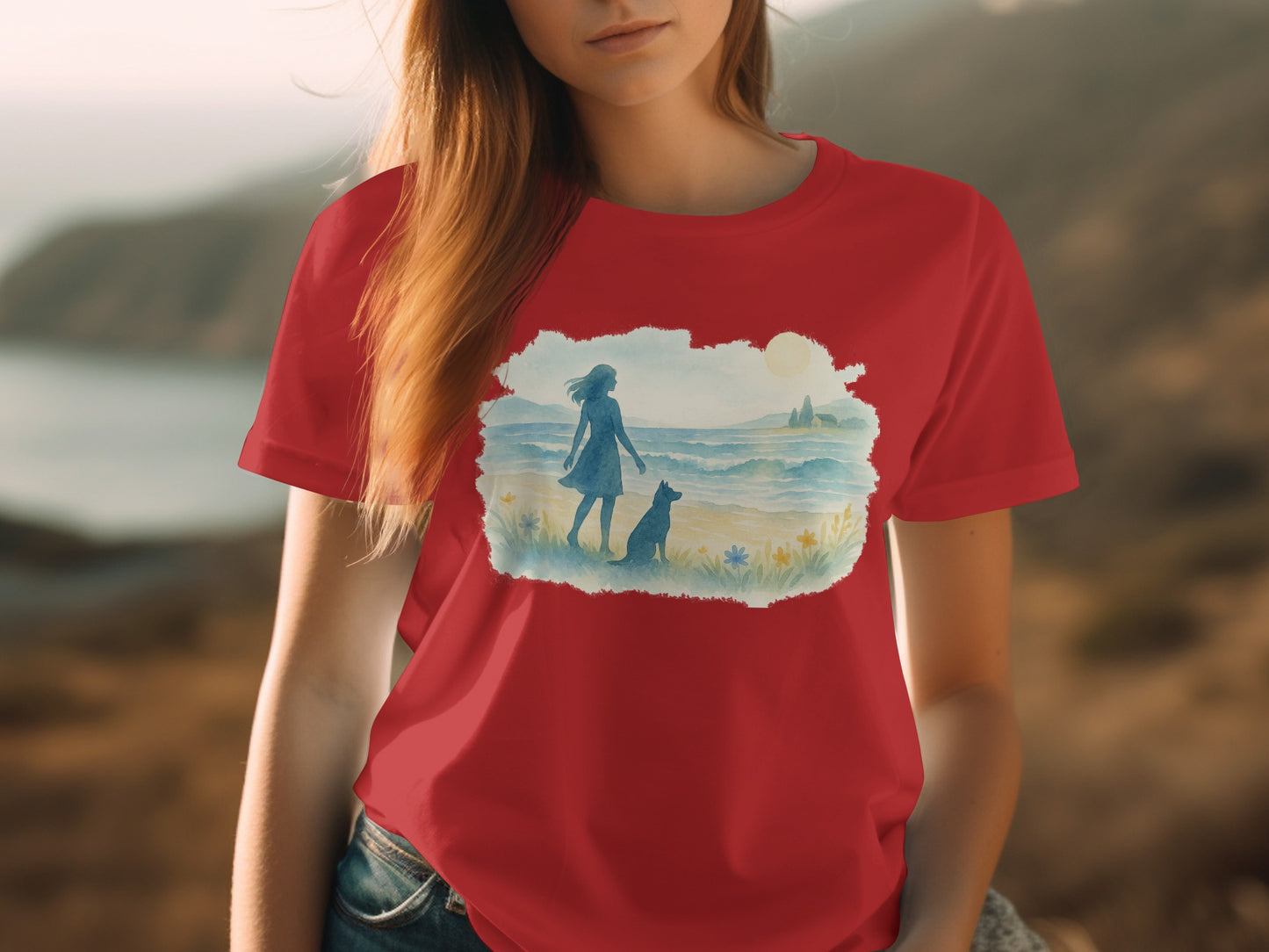 Scenic Beach Sunset T-Shirt with Lady and Dog design product type