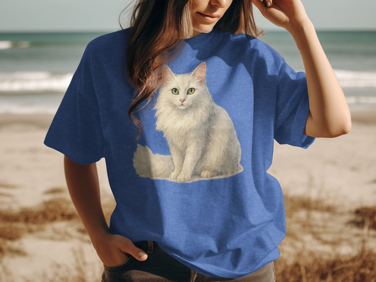Cute White Cat Graphic Blue T-shirt Beachwear Product
