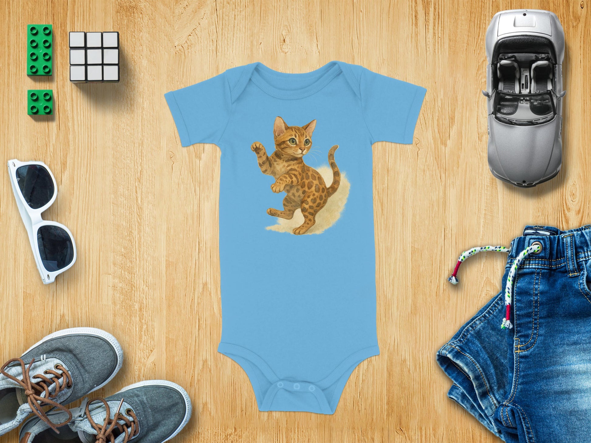 Adorable Cat Print Blue Baby Bodysuit Outfit product type